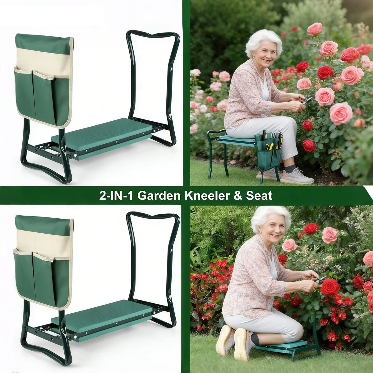 Foldable 2-in-1 Garden Kneeler and Seat with Detachable Tool Storage Bag, Heavy Duty Gardening Stool